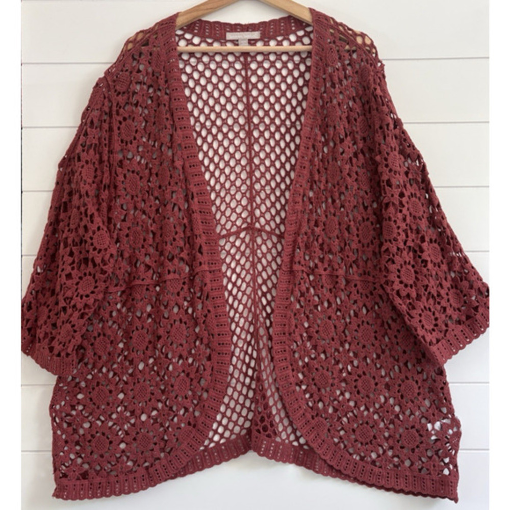 Woman Within Floral Crochet Open Knit Cardigan Cover Up‎ Cotton Boho Burgundy 2X